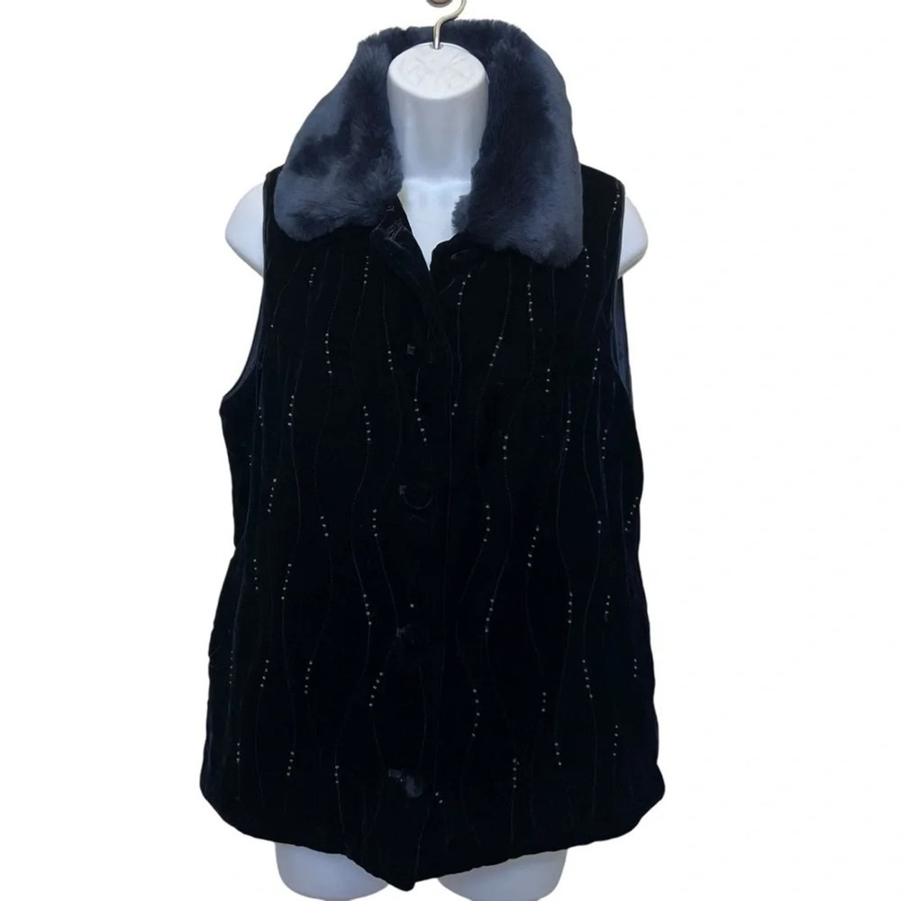 Summit‎ Silks Black Silk Velvet Beaded Vest Faux Fur Collar Womens Small